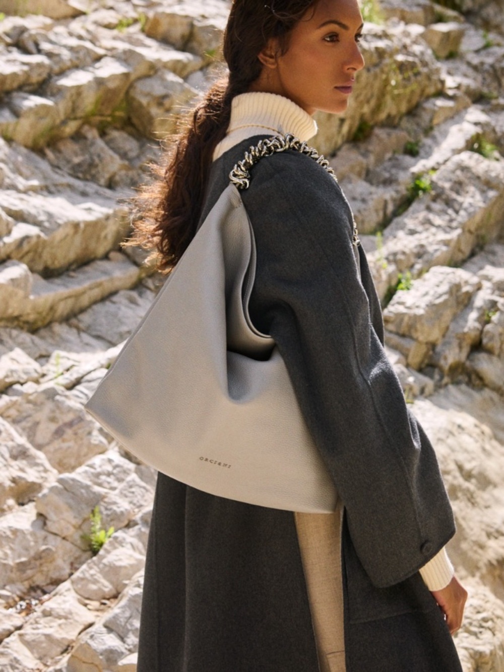 ORCIANI Todo Sense Dollar Leather Shoulder Bag Light Grey Made in Italy